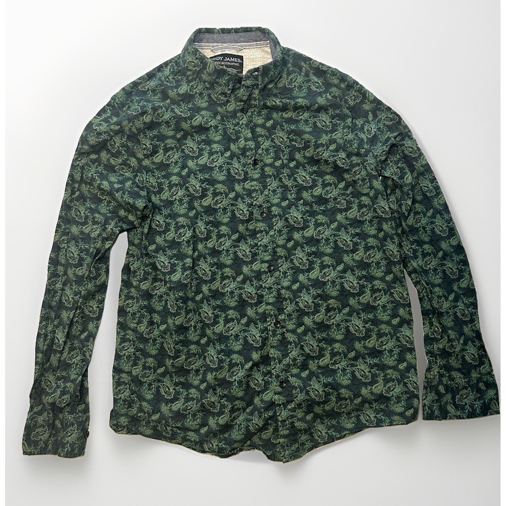 Cody James Western Shirt Men's Medium Green Paisley Button Up Stretch Cowboy